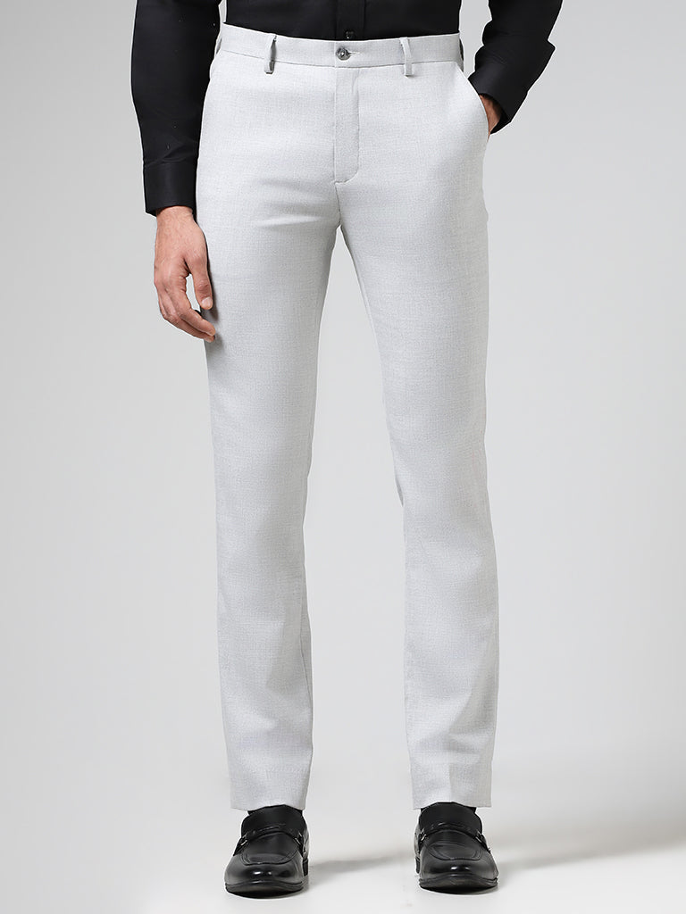 WES Formals Solid Light Grey Ultra-Slim-Fit Mid-Rise Trousers