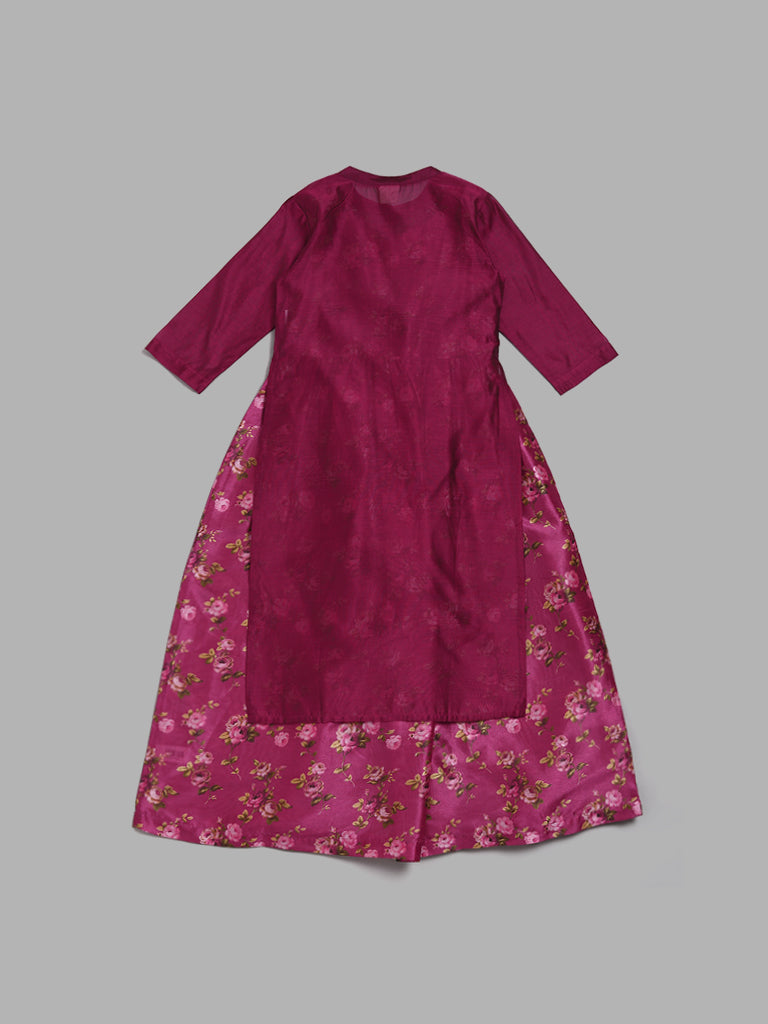 Buy Utsa Kids by Magenta Embroidered Kurta & Floral Print Inner Maxi