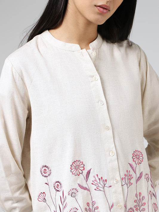 Utsa Off White Floral Embroidered Shirt