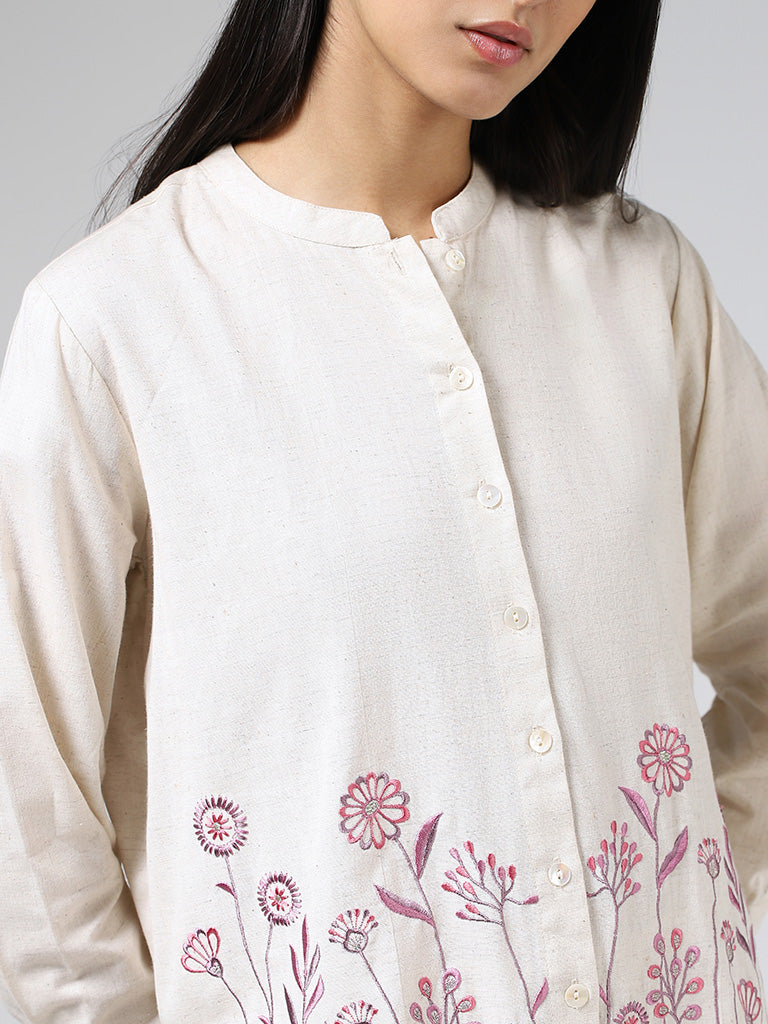 Utsa Off White Floral Embroidered Cotton Shirt