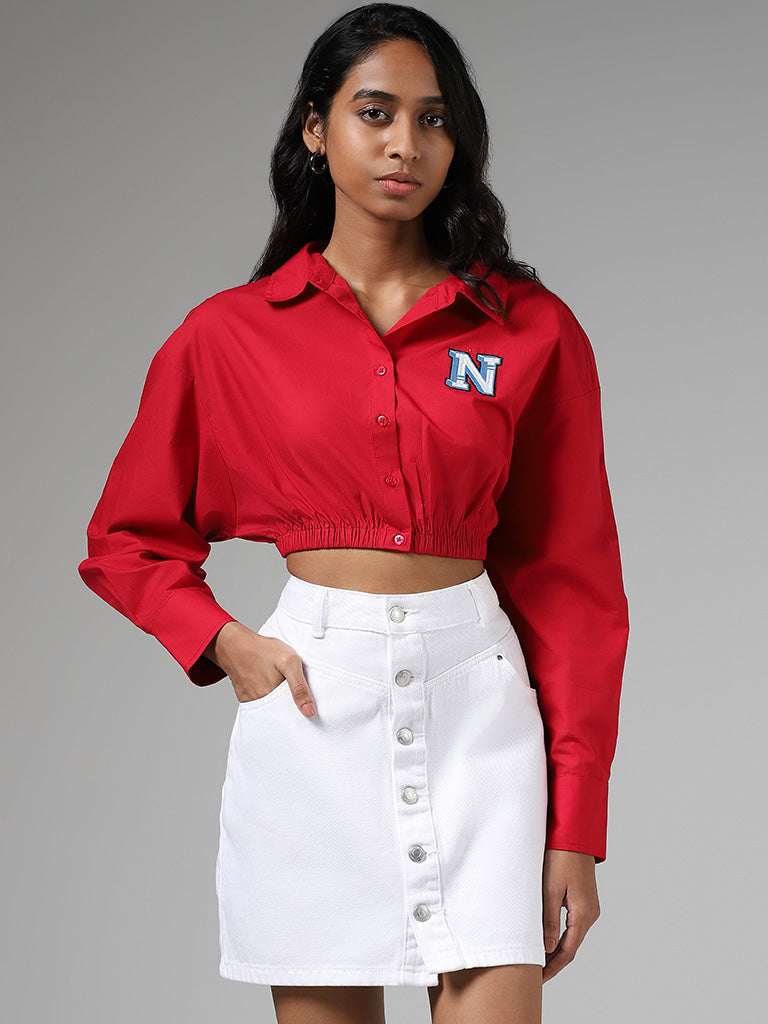 Nuon Red Elastic Hem Crop Shirt