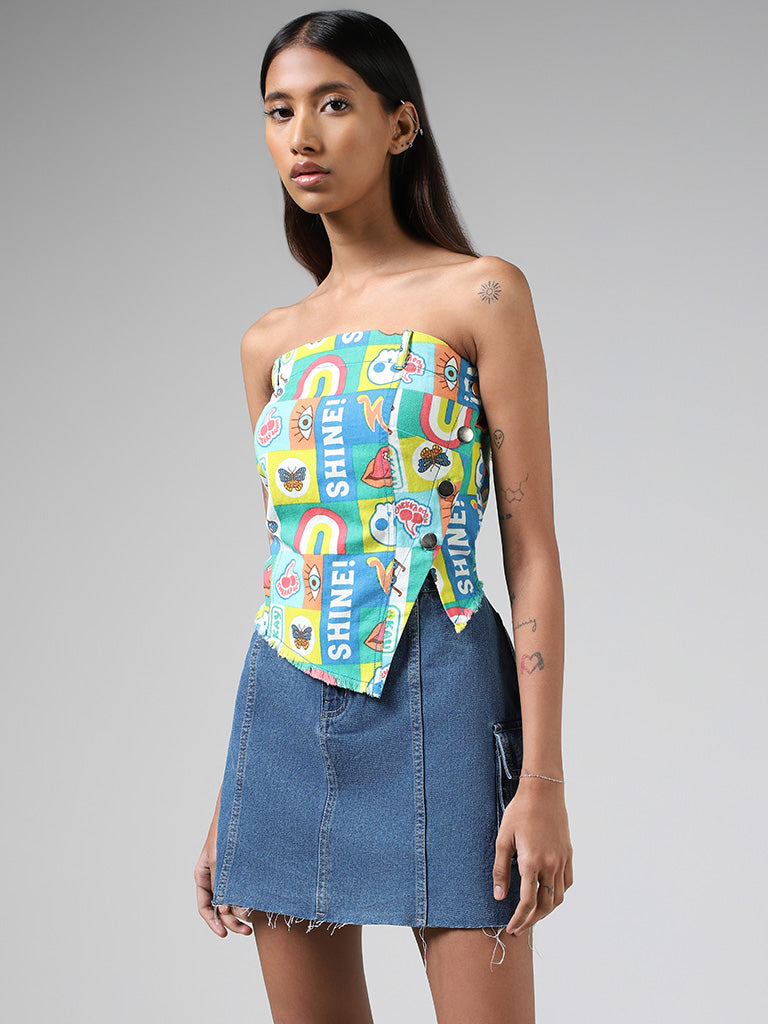 Nuon Multicolour Abstract Printed Off-Shoulder Denim Top