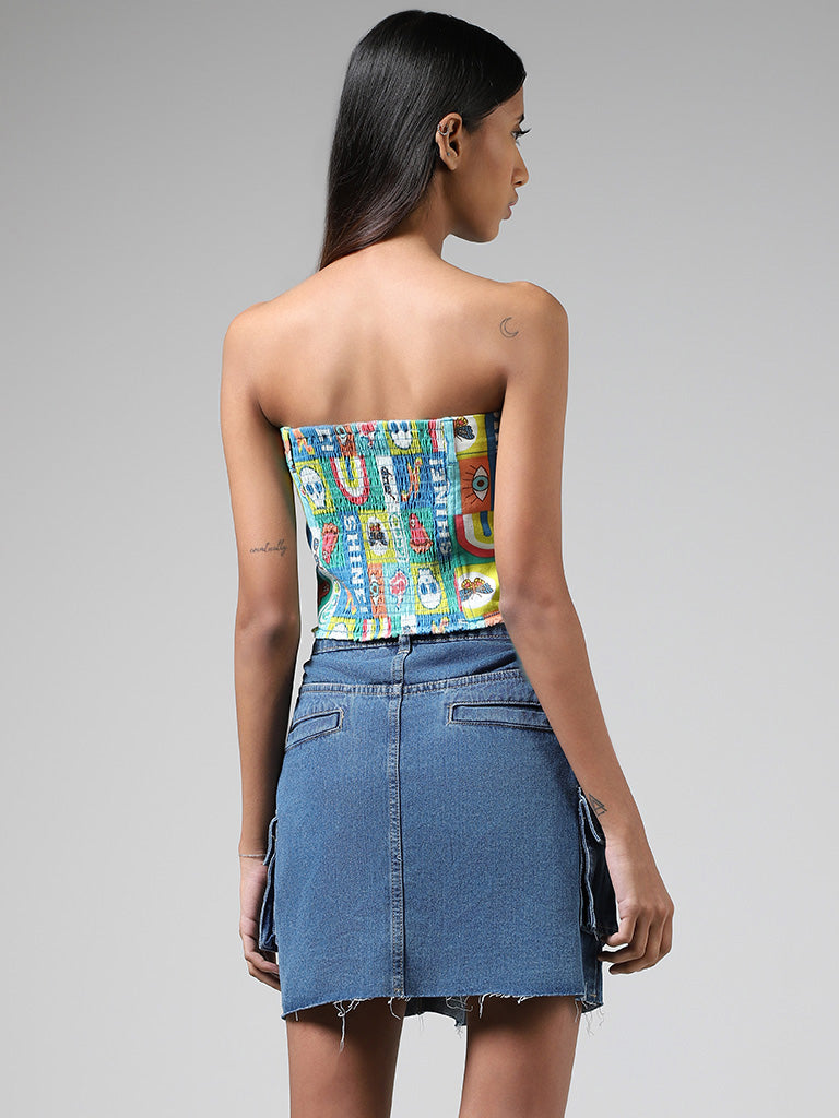 Nuon Multicolour Abstract Printed Off-Shoulder Denim Top