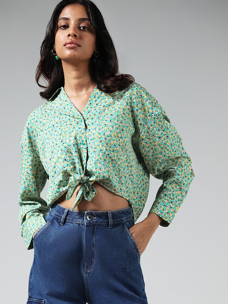Nuon Green Floral Printed Knotted Shirt