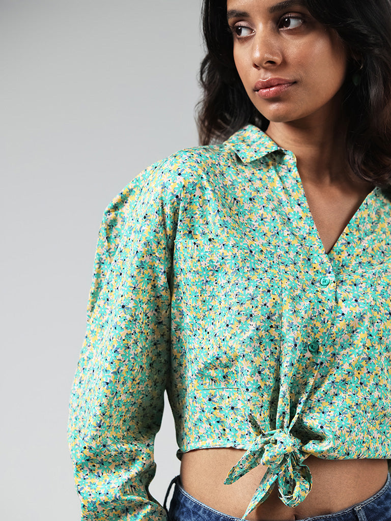 Nuon Green Floral Printed Knotted Shirt