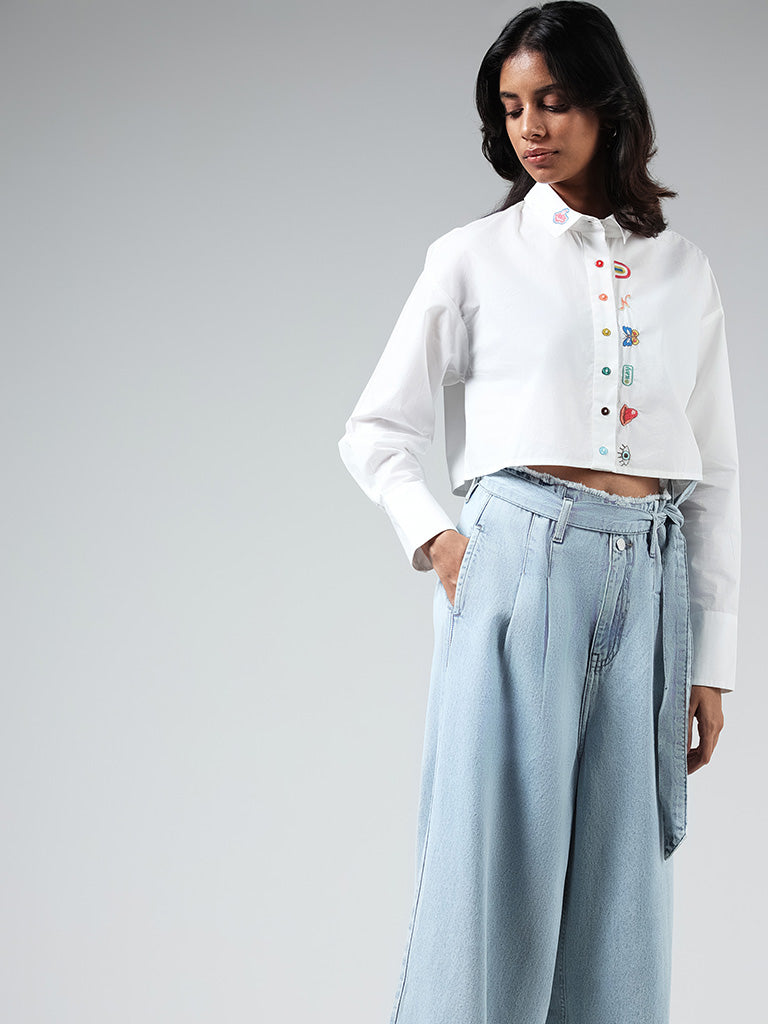 Nuon White Embroidered Crop Shirt