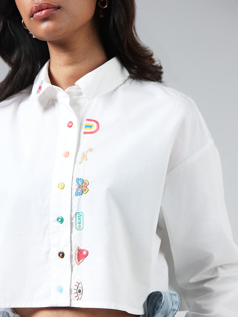 Nuon White Embroidered Cotton Crop Shirt