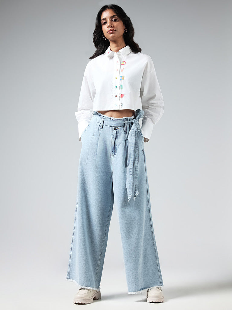 Nuon White Embroidered Crop Shirt