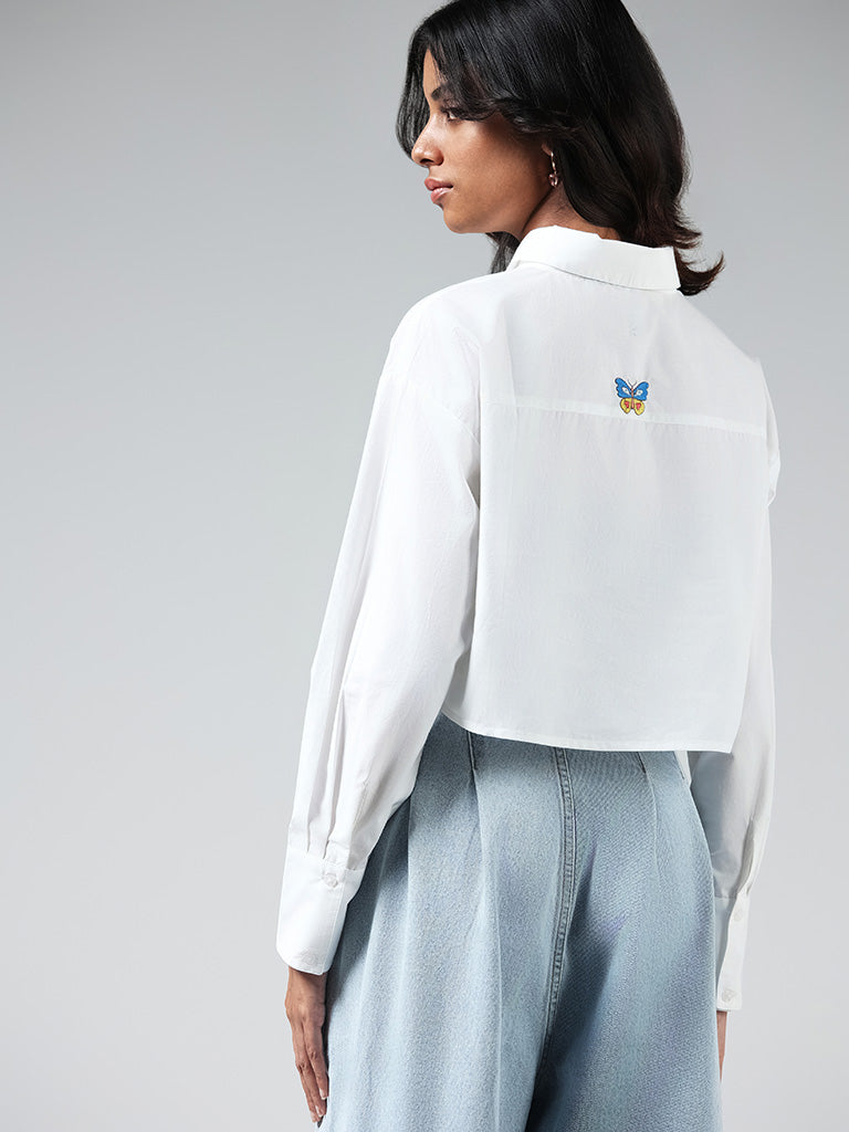 Nuon White Embroidered Cotton Crop Shirt