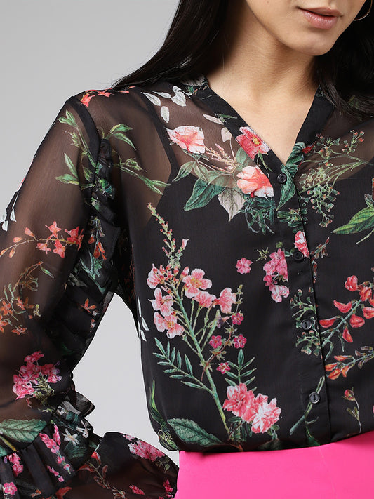 Wardrobe Black Floral Printed Sheer Shirt
