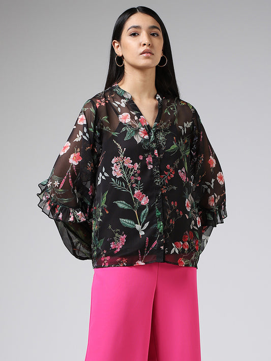 Wardrobe Black Floral Printed Sheer Shirt