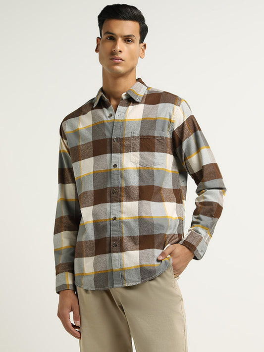 WES Casuals Brown Checked Relaxed Fit Shirt