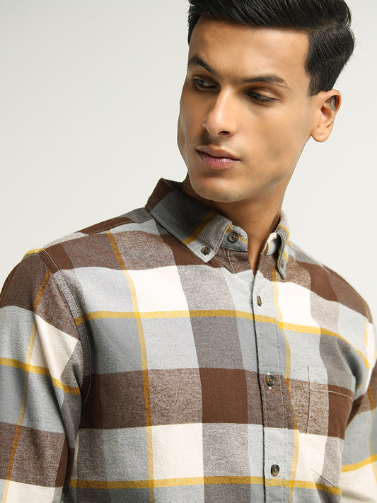 WES Casuals Brown Checked Cotton Relaxed Fit Shirt
