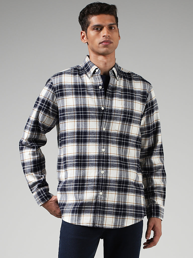WES Casuals Navy Checked Cotton Relaxed Fit Shirt