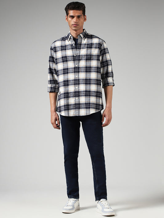WES Casuals Navy Checked Cotton Relaxed-Fit Shirt