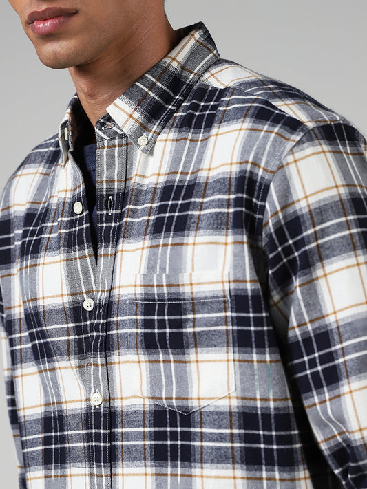 WES Casuals Navy Checked Cotton Relaxed-Fit Shirt