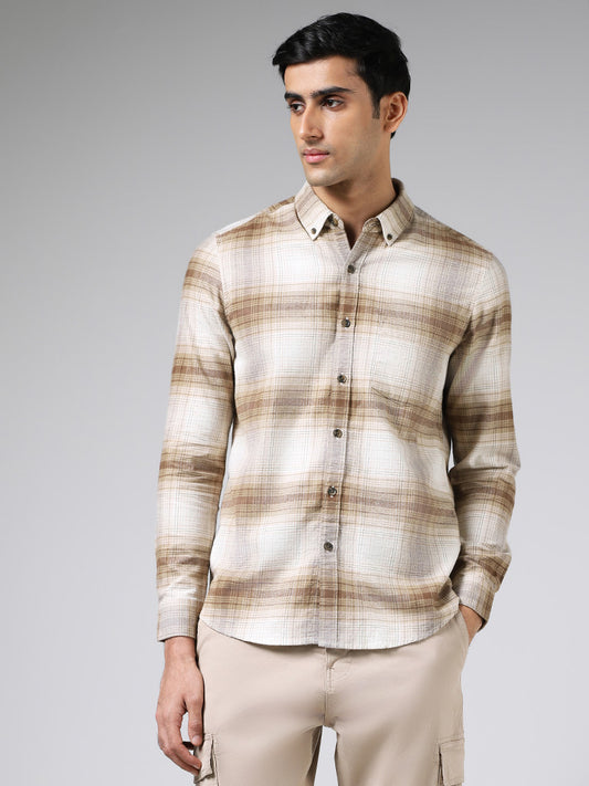 WES Casuals Brown Plaid Checked Cotton Slim Fit Shirt