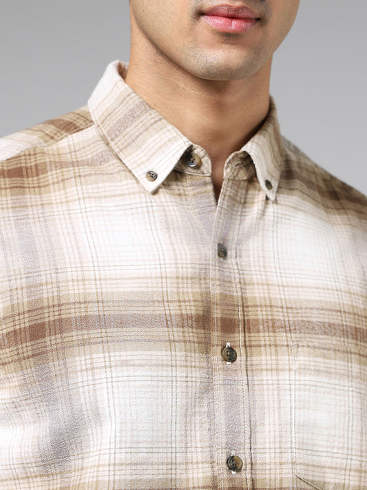 WES Casuals Brown Plaid Checked Cotton Slim Fit Shirt