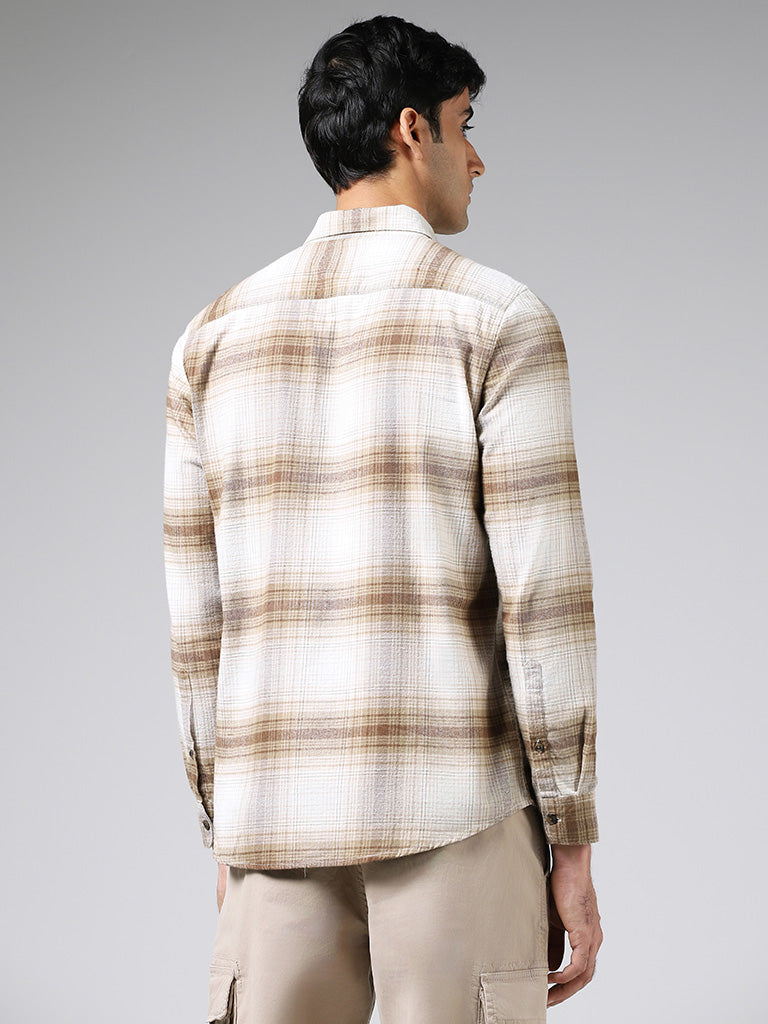 WES Casuals Brown Plaid Checked Slim Fit Shirt