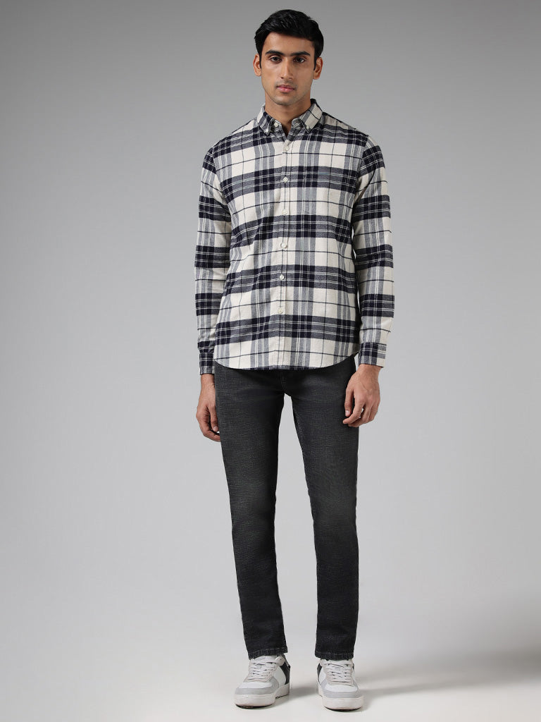 WES Casuals Navy Checked Slim Fit Shirt