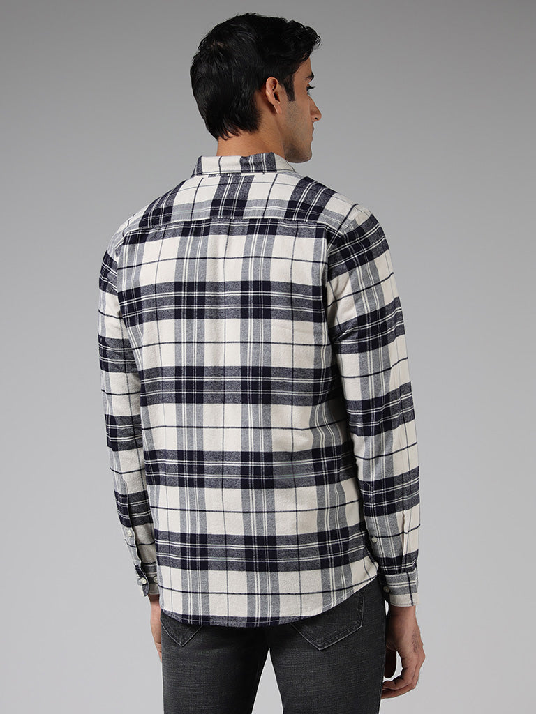 WES Casuals Navy Checked Cotton Slim Fit Shirt