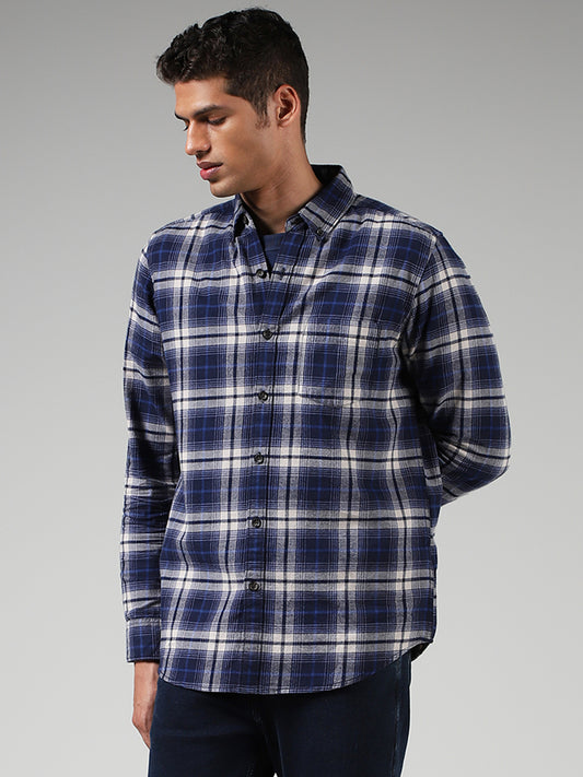 WES Casuals Dark Blue Checked Slim Fit Shirt