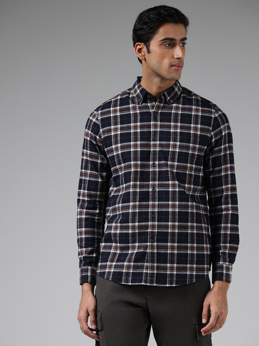 WES Casuals Dark Brown Checked Slim Fit Shirt