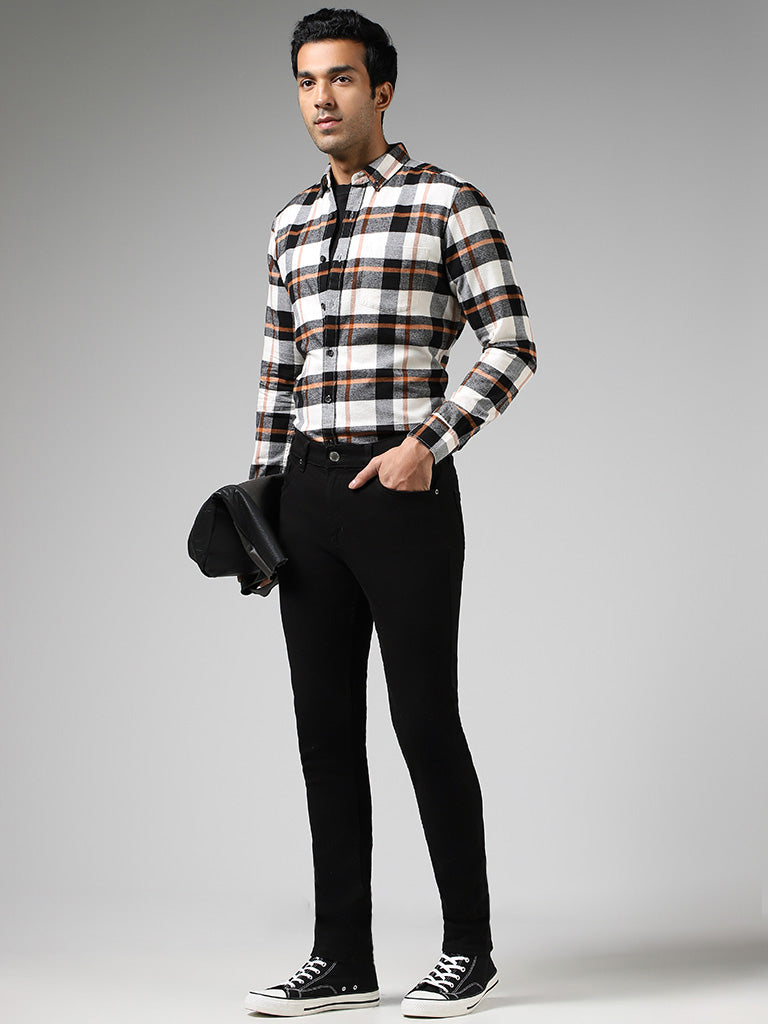 WES Casuals Off White Checked Slim Fit Shirt