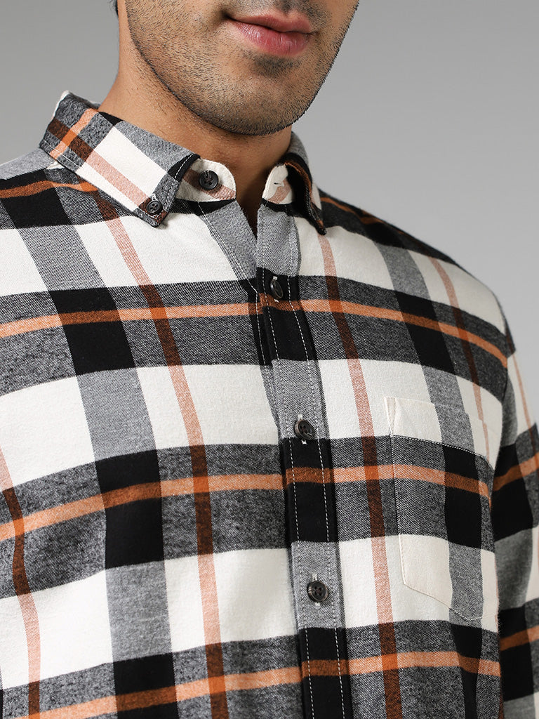 WES Casuals Off White Checked Cotton Slim Fit Shirt