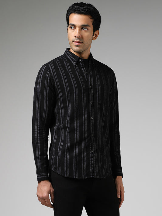 WES Casuals Black Striped Cotton Slim-Fit Shirt