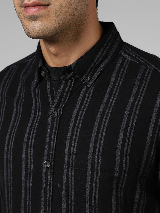 WES Casuals Black Striped Slim Fit Shirt