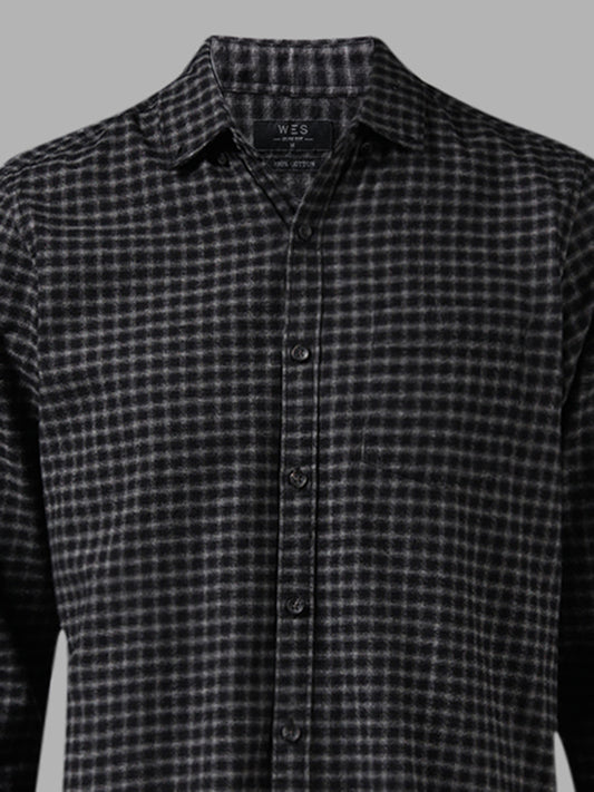 WES Casuals Black Checked Cotton Slim-Fit Shirt