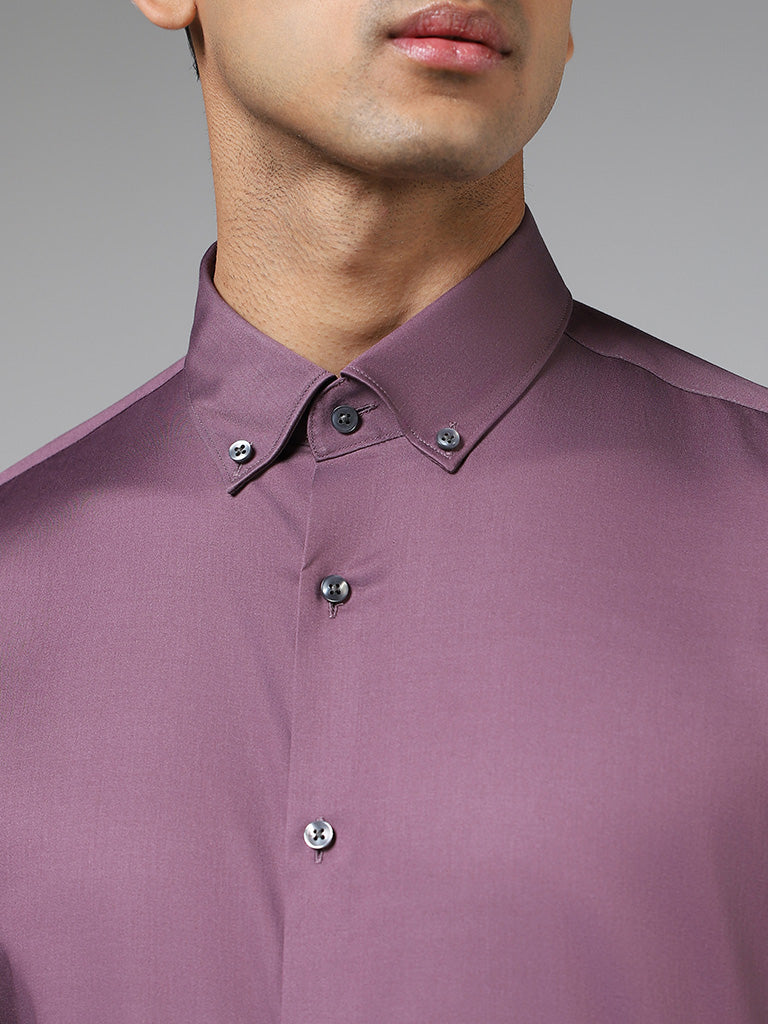 WES Formals Solid Grape Purple Cotton Blend Slim Fit Shirt