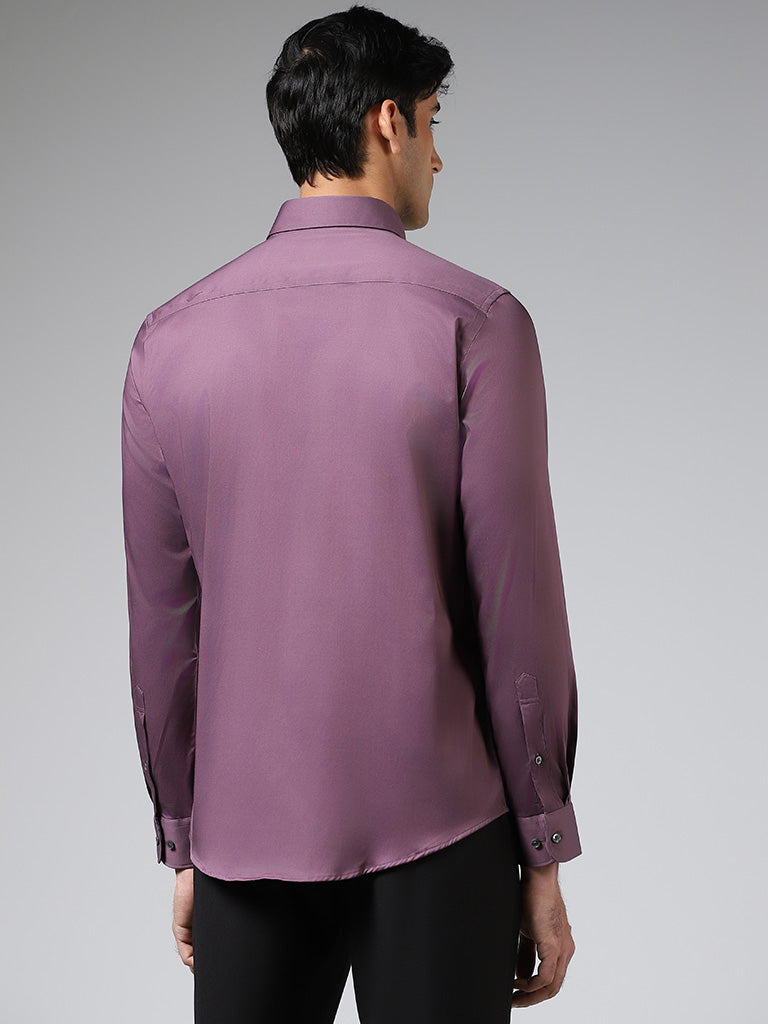 WES Formals Solid Grape Purple Cotton Blend Slim Fit Shirt