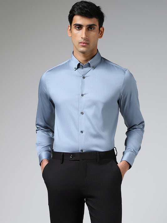 WES Formals Solid Light Blue Slim Fit Shirt