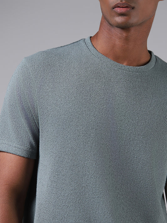 ETA Light Teal Self-Textured Slim Fit T-Shirt