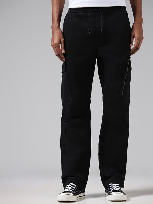 Nuon Solid Black Mid Rise Cargo fit Jeans