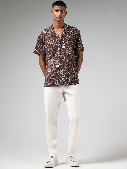 Nuon Brown Floral Printed Relaxed-Fit Shirt