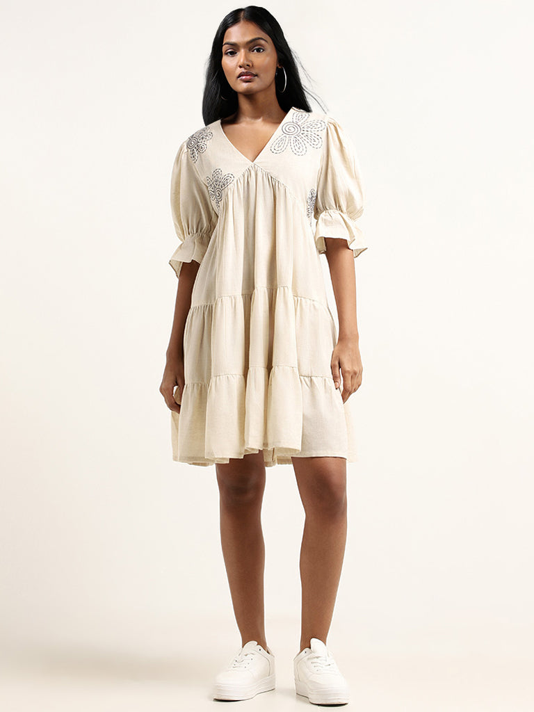 Bombay Paisley Off-White Embroidered Short Dress