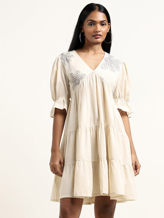 Bombay Paisley Off-White Embroidered Cotton Blend Short Dress