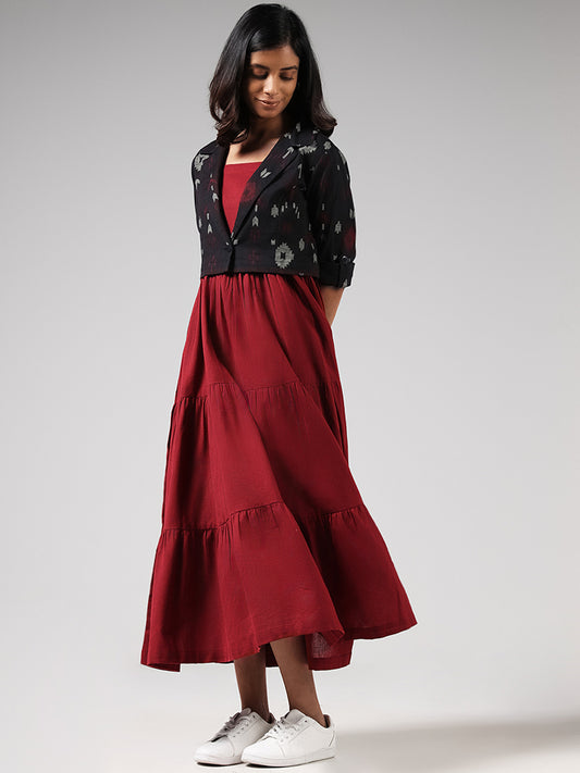Bombay Paisley Solid Red Tiered Dress and Black Ikat Printed Jacket