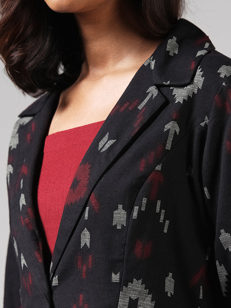 Bombay Paisley Solid Red Tiered Dress and Black Ikat Printed Jacket