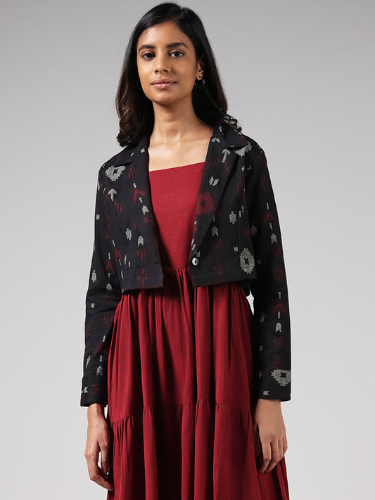 Bombay Paisley Solid Red Cotton Blend Tiered Dress and Black Ikat Printed Jacket