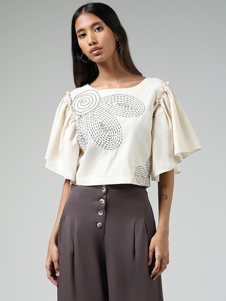 Bombay Paisley Off White Threadwork Embroidered Blended Linen Crop Top