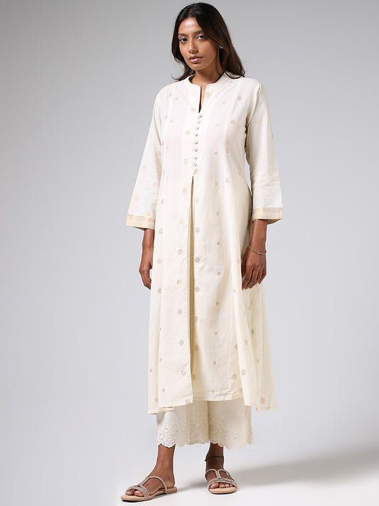Utsa Off White Printed Box-Pleated A-Line Kurta