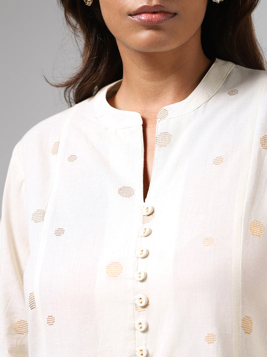Utsa Off White Printed Box-Pleated A-Line Kurta