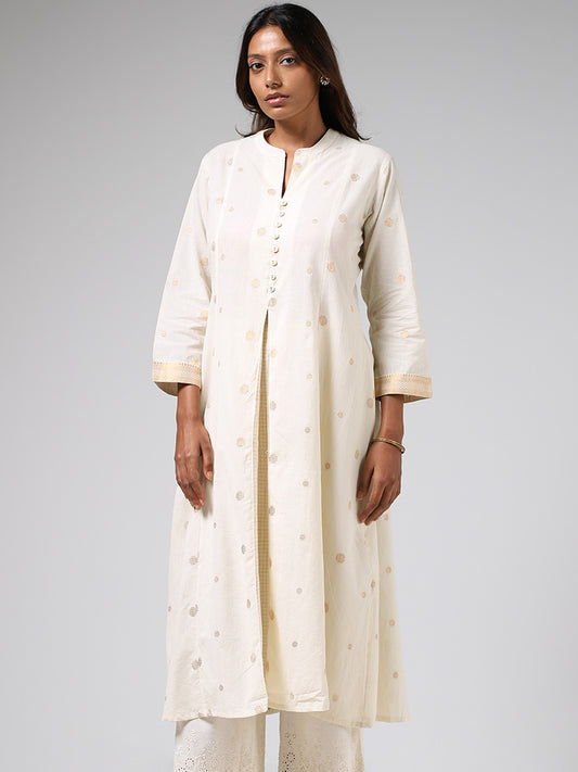 Utsa Off White Printed Box-Pleated A-Line Kurta