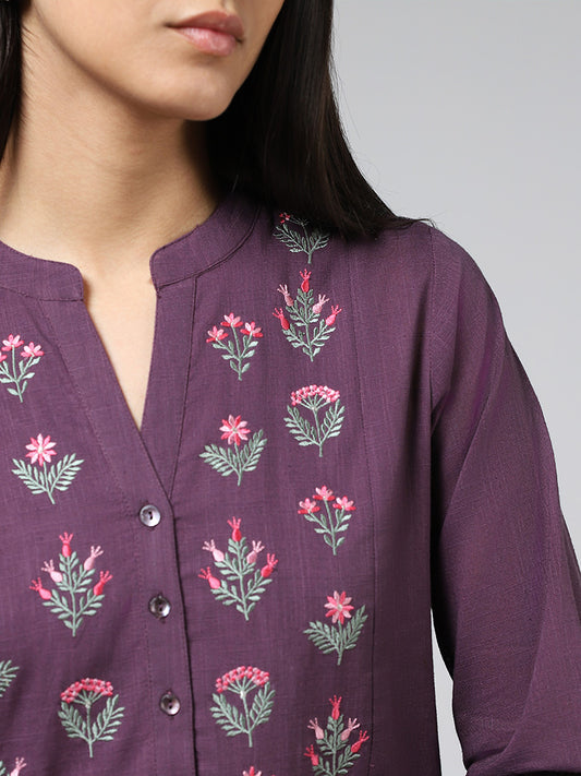 Utsa Dark Purple Floral Embroidered Pleated Cotton Kurti