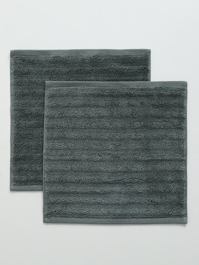 Westside Home Moss Green Self-Striped Face Towels (Set of 2)