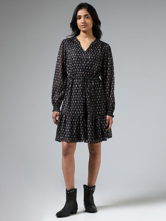 LOV Black Printed Tie-Up Tiered Dress